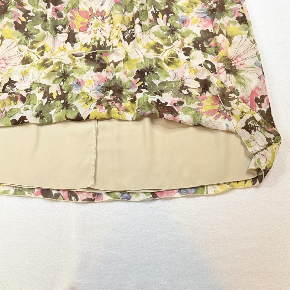 Liz Claiborne Floral Midi Skirt Brown Elastic Waist Chiffon Lined Green Pink M - Picture 7 of 8